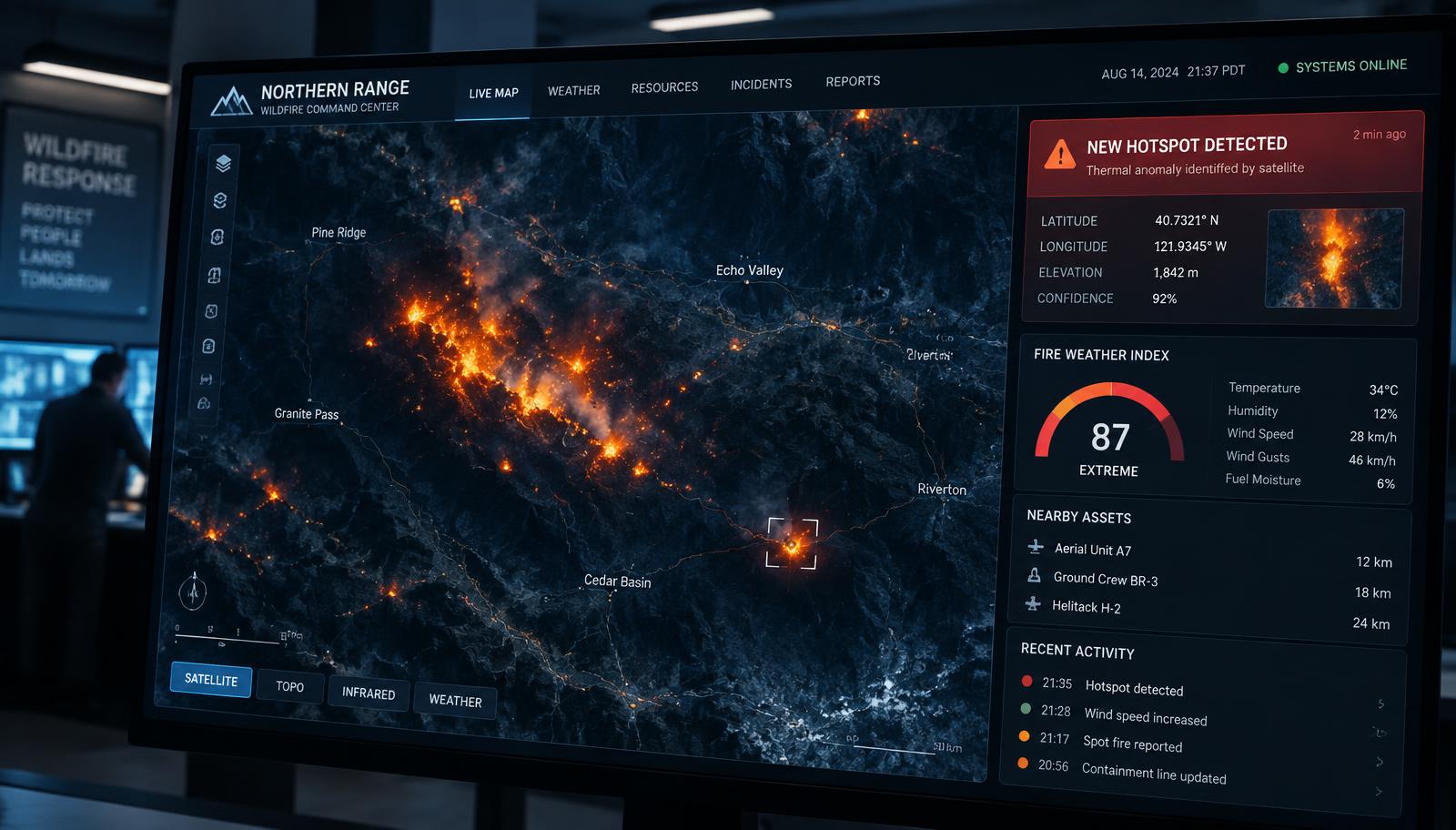 Panel de monitorización: focos térmicos, coordenadas e índice de riesgo en tiempo real.
